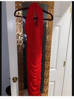 AKIRA Red Ruched Halter Maxi Dress Size Large